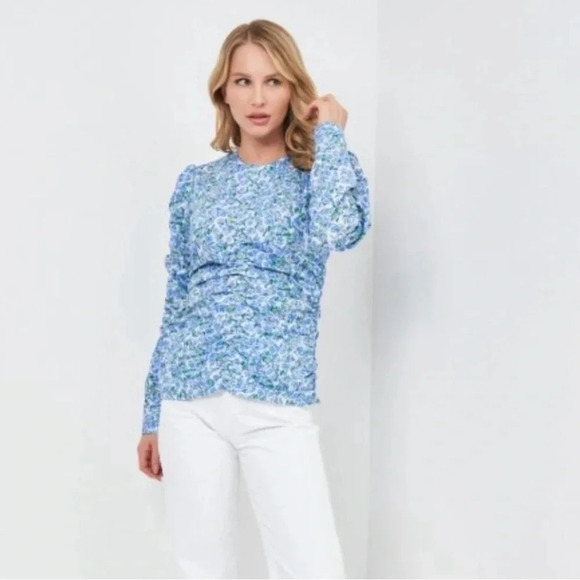 Women’s Zara Brand Blue Floral Ruffle Scrunch Long Sleeve Blouse  Top Size: M - Picture 1 of 16